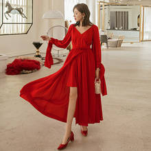 YIGELILA-Vestido largo rojo con cuello en V y mangas farol, prenda ajustada hasta el tobillo, novedad de otoño, 63522 2024 - compra barato