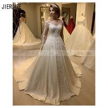 JIERUIZE New Vintage Satin Wedding Dresses Sheer O Neck Long Sleeves Button Back White Appliques Wedding Gowns Robe De Mariee 2024 - buy cheap