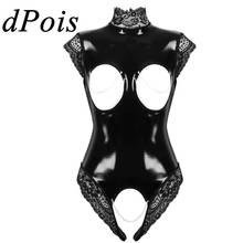 Plus Size Womens Sexy Wet Look Patent Leather Lingerie One-piece Open Breast Crotchless Lace Trimmed Leotard Bodysuit Nightwear 2024 - buy cheap