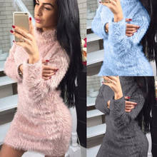 Women Autumn Winter Sexy Cashmere Soft Warm Dress Long Sleeve Solid Sweater Fleece Warm Basic Short Mini Dress 2024 - buy cheap