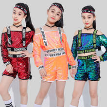 Trajes de baile de Jazz para niñas, camisa con lentejuelas, pantalones cortos, ropa de Hip Hop, traje de baile de porristas, ropa de espectáculo de escenario para niños, novedad de 2021 2024 - compra barato