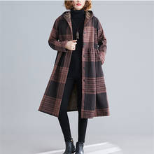 2019 Winter New Loose Large Size Literary Retro Plus Velvet Thick Warm Long Hooded Plaid Coat Jacket Female Tide H00943 2024 - buy cheap