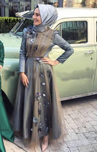 Vintage Muslim Evening Dresses Gray Tulle A-Line Scarf Flowers Formal Islamic Dubai Kaftan Saudi Arabic Prom Dress 2024 - buy cheap