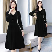 2022 Women Black Sexy V-neck Dress 3XL Plus Size Spring Autumn Vintage Gold Velvet Warm Vestido Party Bodycon Hepburn Midi Dress 2024 - buy cheap