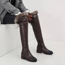 Free Ship Snow Boots Warm Fur Women Leather Boots Med Block Heels Over The Knee Boots Lady Winter Shoes Bota Feminina Size 44 46 2024 - buy cheap
