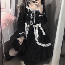 Harajuku Women Black Gothic Lolita Dress Japanese Style Lantern Sleeve Kawaii Cute Bow Short Mini Dress Student'S Lace-Up Dress 2024 - buy cheap