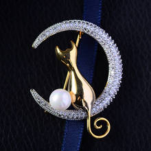 Cute Gold Cat on Moon Brooch Pin Luxury Zircon Crystal Brooches for Women Wedding Jewelry Pearl Broach Christmas Gifts Broche 2024 - buy cheap
