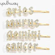 12 Zodiac Hair pins Aries Tauras Gemini Cancer Crystal Shiny zodiac hair clips rhinestone Word Letters Hair Clip Women Styling 2024 - buy cheap