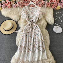 Vestido de gasa con estampado Floral para verano, prenda elegante de manga corta, ajustada, con encaje y costuras, estilo occidental, 2021 2024 - compra barato