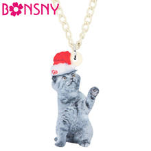 Bonsny Acrylic Christmas Hat Britain Short Hair Cat Necklace Pendant Chain Animal Jewelry For Women Girl Teen Kid Gift Accessory 2024 - buy cheap