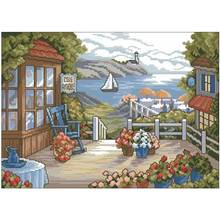 Terrace with blooming flowers by the bay Counted Cross Stitch 11CT 14CT 18CT DIY  Cross Stitch Kits Embroidery Needlework Sets 2024 - buy cheap