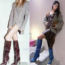 Women Boots Long Blue Croc Printed Knee High Stiletto Heeled Boots Female Pointed Toe Heeled Winter Spring Runway Party Boots 2024 - buy cheap