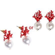 Women Acrylic Coral Earrings Enamel Red Coral Resin Antlers Pearl Stud Earrings Fashion Jewelry 2024 - buy cheap