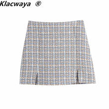 Klacwaya Women 2021 Chic Fashion Front Slits Tweed Mini Skirt Vintage High Waist Side Zipper Female Skirts Mujer 2024 - buy cheap
