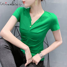 Camiseta lisa de algodón para mujer, ropa coreana, Top Sexy con cuello en V drapeado, camisetas de bajo estrecho 2021 T13705A 2024 - compra barato