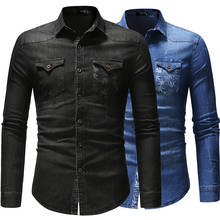 2021 Spring Autumn High Quality Denim Shirt Men Casual Long Sleeve Fit Slim Personality Pocket Black Blue Shirt plus size 3XL 2024 - buy cheap
