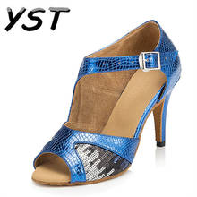 Синие женские туфли для латинских танцев из искусственной кожи; женская Обувь для бальных танцев на мягкой подошве; обувь для взрослых на высоком каблуке; обувь для вальса и сальсы 2024 - купить недорого