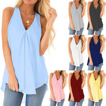 Sexy Sleeveless Loose Hem Tops Ladies T Shirts 2022 Summer Solid Color V-Neck Chiffon Women T shirt Casual Shirts Blue 2024 - buy cheap