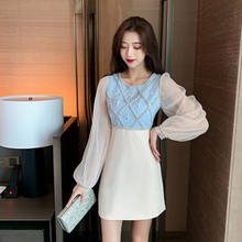 2022 High Quality Autumn Luxury Women Cute Long Sleeve Beading Mesh Patchwork Dress Runway Chic Mini Dress 2024 - buy cheap