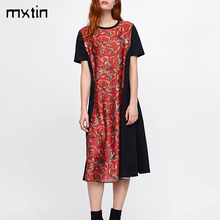 MXTIN 2021 модное летнее женское платье средней длины в стиле пэчворк в винтажном стиле с круглым вырезом с коротким рукавом Плиссированные Женские повседневные платья Vestidos Mujer 2024 - купить недорого