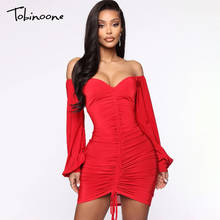 Tobinoone-vestido de Navidad de malla roja fruncida, sin hombros, con cordón y espalda descubierta, Sexy, de retales, fiesta, Club, corto 2024 - compra barato