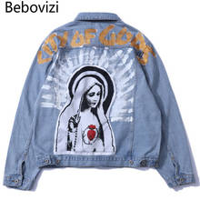 Bebovizi Brand Vintage Virgin Mary Painting Print Jeans Jackets Hip Hop Streetwear Loose Washed Denim Jacket Coat Men Women 2024 - buy cheap