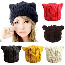 Gorro feminino liso hip-hop, gorro orelhas de gato, gorro feminino inverno tricotado skullies casual em lã 2024 - compre barato