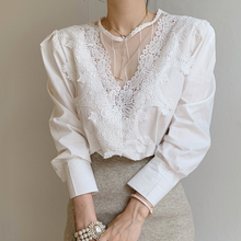 New Spring Women Blouse Elegance Beauty Solid Lace Crochet Low Cut V-neck High Quality Slim Long Lantern Sleeves Shirts Top 2024 - buy cheap
