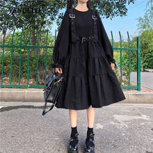 Yangelo Harajuku Women Black Midi Dress Gothic Punk Style Suspenders Bandage Dress Vintage Ruffles Long Baggy Cosplay Costume 2024 - buy cheap