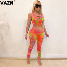 VAZN Special chic 2020 summer sexy lady 2 colors 2-piece long set sleeveless waistcoat tops long skinny pants set hole sexy sets 2024 - buy cheap