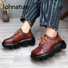 Johnature Platform Heels Genuine Leather Women Shoes 2022 New Spring/autumn Lace-up Casual Retro Round Toe Handmade Ladies Shoes 2024 - buy cheap