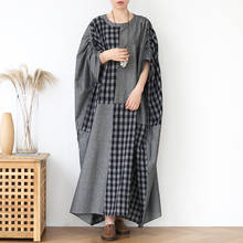 Johnature Retro Plaid O-neck Patchwork Dress Spring 2020 New Cotton Linen Loose Comfortable Women Loose Batwing Sleeve Dresses 2024 - buy cheap