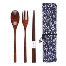 3PCS/Set Chinese Chopsticks Tableware Wooden Tableware  With Spoon Fork Cloth Bag Wooden Cutlery Sets Home Travel Picnic Tools 2024 - buy cheap