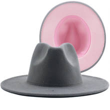 New Outer gray Inner pink Wool Felt Jazz Fedora Hats with Thin Belt Buckle Men Women Wide Brim Panama Trilby Cap 56-58-60CM 2024 - buy cheap