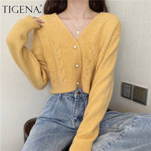 Tigena cardigan cropped feminino, casaco curto de manga longa com botão bonito coreano, primavera outono 2021 2024 - compre barato