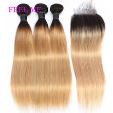 FEELME Two Tone Brazilian Straight Hair Bundles With Lace Closure 1b/27 Ombre Human Hair Bundles With Closure 4x4Inch Remy Hair 2024 - buy cheap