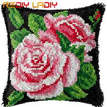 Latch Hook Cushion Pink Rose Pillow Case Pre-Printed Color Canvas Acrylic Yarn Latched Hook Pillow Kits Crochet Cushion Cover 2024 - buy cheap