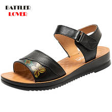 Genuine Cow Leather Sandals for Women 2021 New Summer Round Toe Hollow Sandalies Female Fashion Casual Soft Comfort Flat Shoes 2024 - compra barato