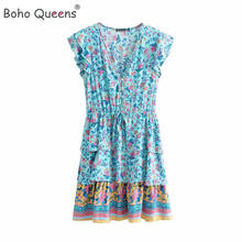 Boho Queens Women Blue Floral Print Beach Bohemian Mini Dresses Ladies Ruffles Short Sleeve V-neck  Cotton  Dress Vestidos 2024 - buy cheap