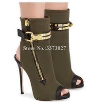 Botas femininas de tornozelo, com fivela de metal em lona verde militar, decoração com zíper, salto stiletto peep toe, tamanhos grandes 2024 - compre barato