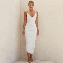 Elegant Sexy White Mesh Ruched Dress Women Asymmetry Irregular Strap V Neck Midi Bodycon Dresses Summer Club Party Dress 2020 2024 - buy cheap