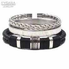 3pcs/Set Men Black Leather Roman Bangles Set Stainless Steel Wristband Braiding Bangles Cuff Bracelets For Men HipHop Jeweley 2024 - buy cheap