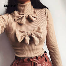 2020 Fashion Bow Long Sleeve Knitted Sweater Spring Autumn Turtleneck Slim Fit Tops Pullover Women Solid Casual Sweaters Jumper 2024 - buy cheap