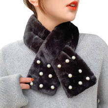 Korean Cute Faux Rex Rabbit Fur Warm Scarf Winter Female Thicken Double-Sided Plush Narrow Cross Neck Guard Pearl Scarves O69 2024 - buy cheap