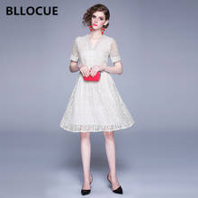 BLLOCUE-vestido de encaje blanco para mujer, vestido elegante informal de trabajo, ajustado, Vintage, Midi, para fiesta, Otoño, 2019 2024 - compra barato