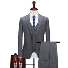 Pinstripe slim-fitting men's suit for formal wedding tuxedo notch lapel 3piece set grey black stripe business groom male fashion 2024 - buy cheap
