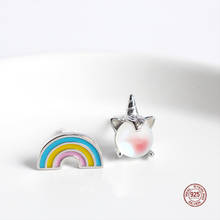LKO-pendientes de plata de ley 925 con forma de unicornio para mujer, aretes pequeños, arcoíris, Animal, fiesta de cumpleaños 2024 - compra barato