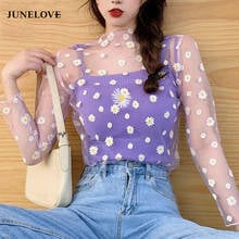 Junelove camiseta de malha estilo coreano, camiseta midi nova estética de harajuku com flor de renda, camiseta de manga comprida, blusa de malha 2024 - compre barato