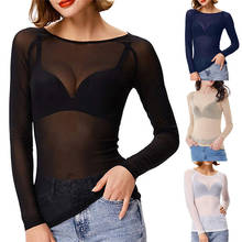 Mesh Top Women Sexy T-shirt See Through Stand Neck Long Sleeve Sheer Shirt Transparent Ladies Top Tee Autumn Winter camisetas A2 2024 - buy cheap
