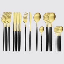 Faqueiro de aço inox preto fosco e dourado, talheres incluem faca, garfo e colher de café, 24 peças 2024 - compre barato